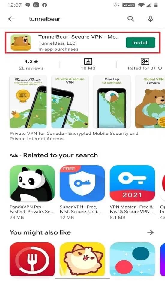 Busque Tunnel Bear en la barra de búsqueda que se encuentra en la parte superior de la pantalla y toque Instalar - Cómo acceder a sitios bloqueados en Android