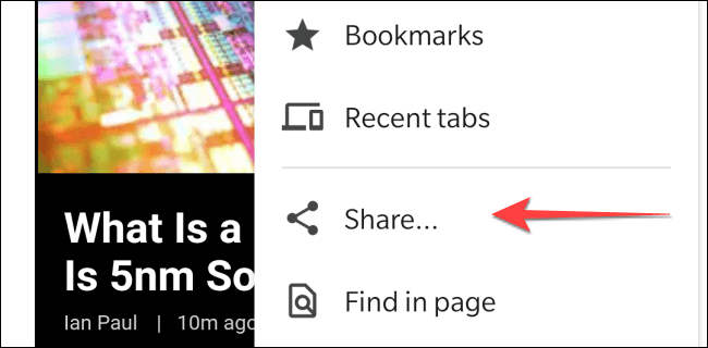 Toque la opción de compartir en el menú de Chrome - Cómo tomar una captura de pantalla de página completa en Chrome en Android