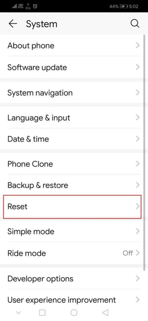 toque la opción Restablecer en la configuración del sistema Honor Play 473x1024 1 - Reparar la aplicación de mensajería que no funciona en Android