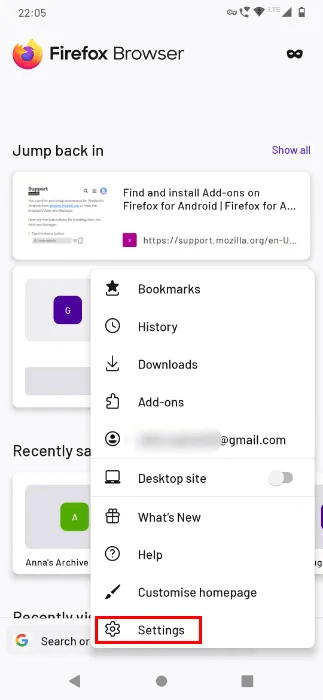 select settings firefox beta.png - Cómo instalar cualquier complemento de Firefox para Android